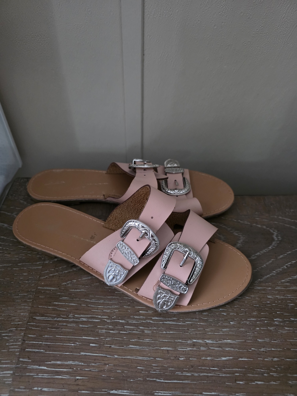 Vintage Havana Pink Double-Buckle Slide Sandals with Silver Buckles